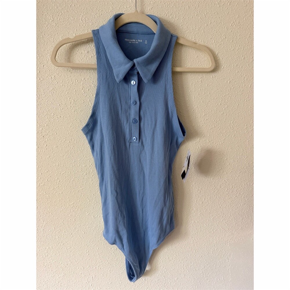 NWT Abercrombie & Fitch Womens Bodysuit Size M Blue Sleeveless Collared Henley